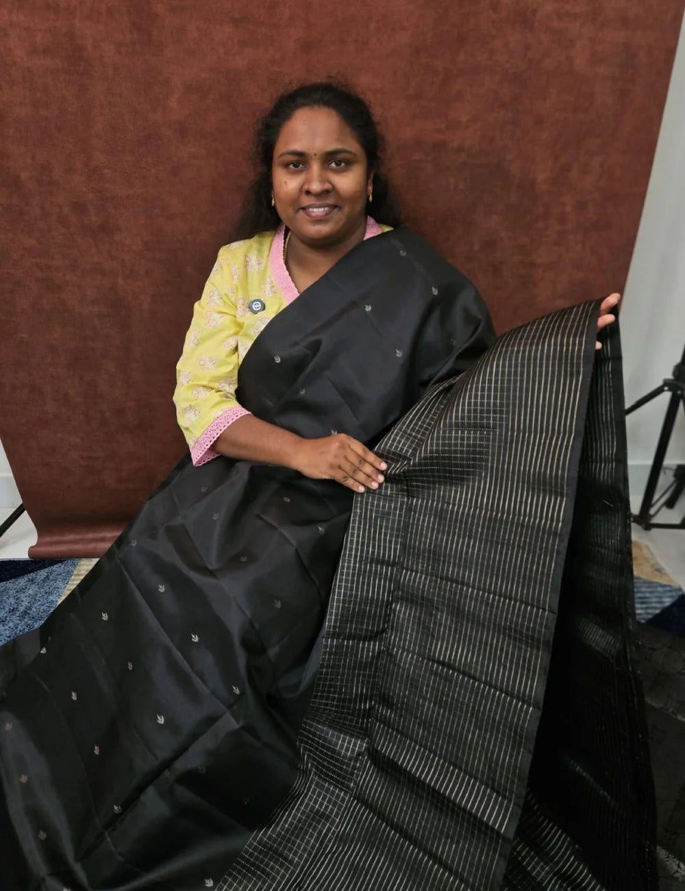 Black - Checkerd Fancy Border Soft Silk Saree