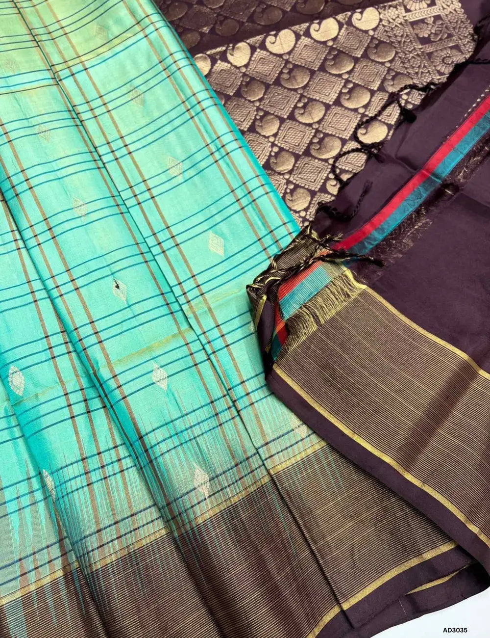 Mint Green & Coffee Brown  - Soft Silk Saree