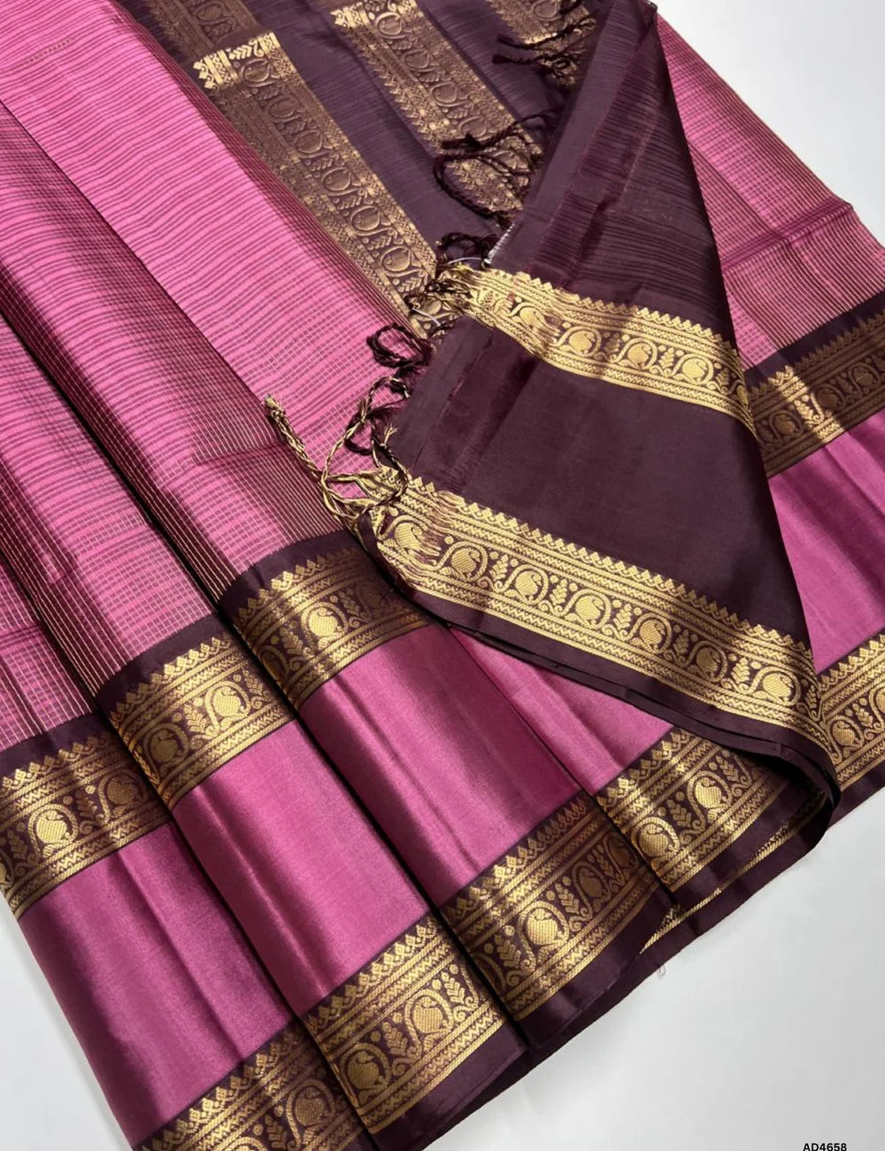 Mulberry & Coffee Brown -  Checkerd Retta Pet Border Soft Silk Saree