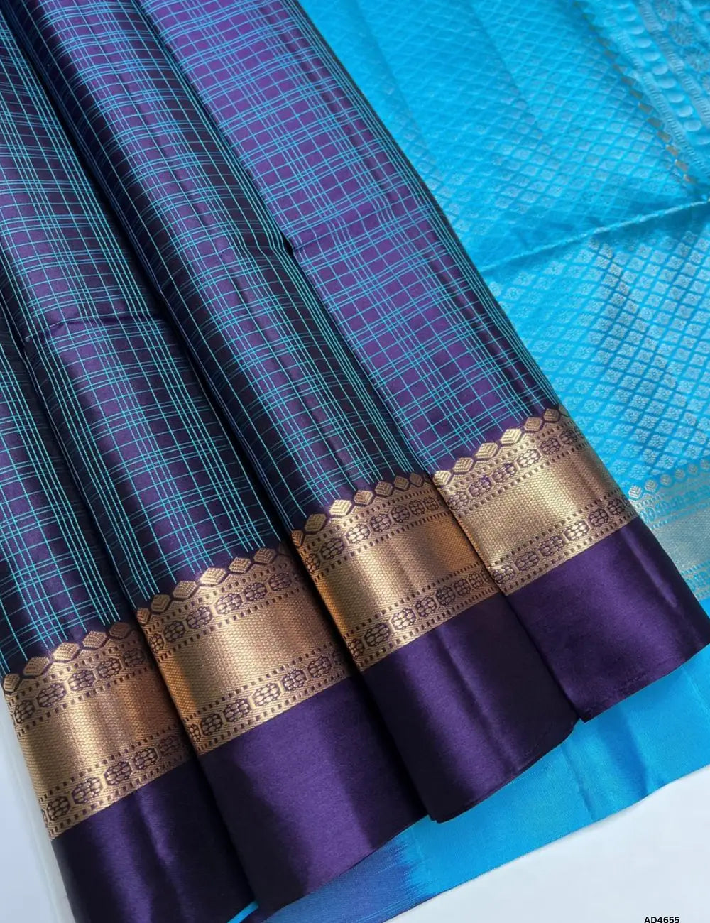 Ink Blue & Ice Blue - Checkerd Kanchi Border Soft Silk Saree