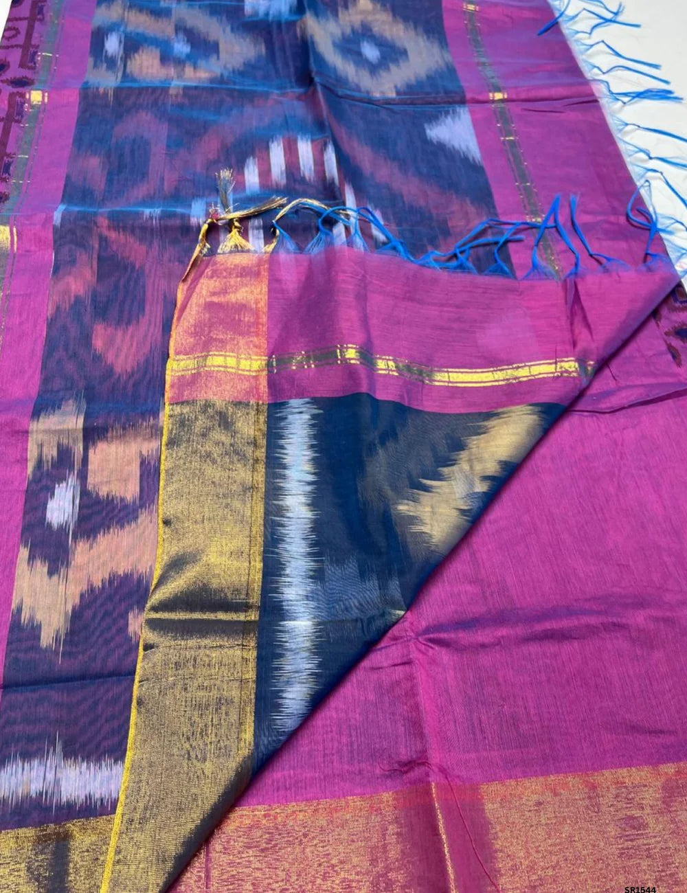 Magenta & Navy Blue - Ikkat Kotta Cotton Saree