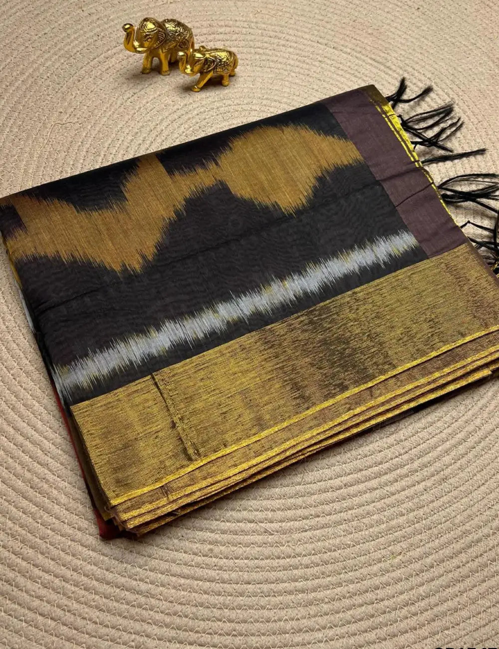 Coffee Brown & Black - Ikkat Kotta Cotton Saree