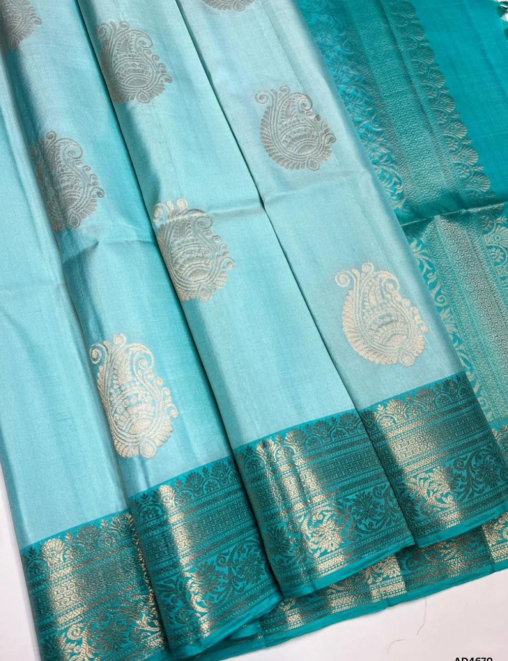 Ice Blue & Rama Green - Kanchi Border Soft Silk Saree