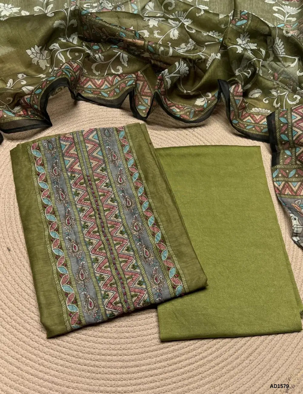 Green - Chanderi Unstiched Suit 3 Pc Set