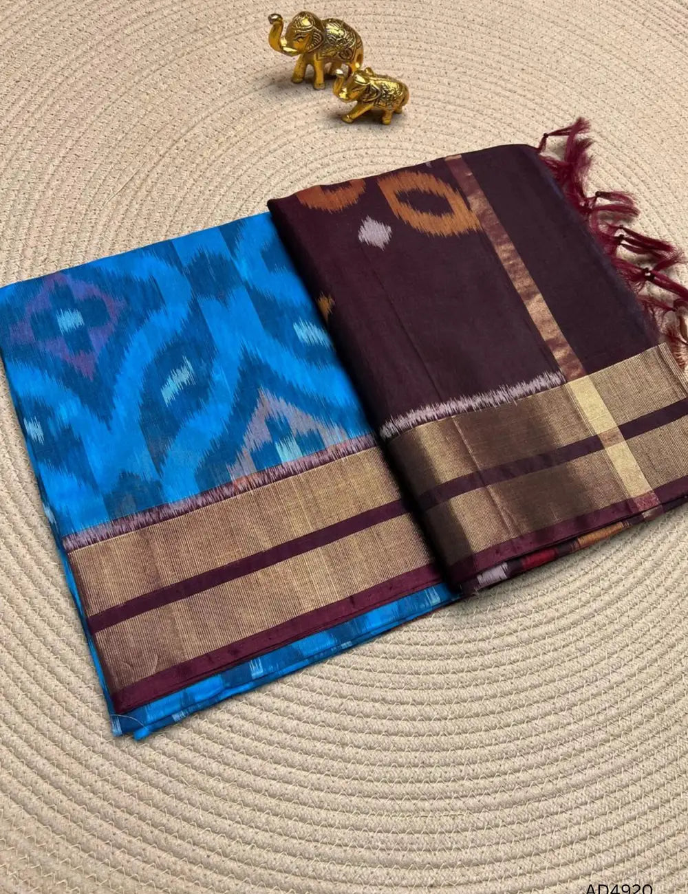 Blue , Black & Wine - Ikkat Kora Cotton Saree