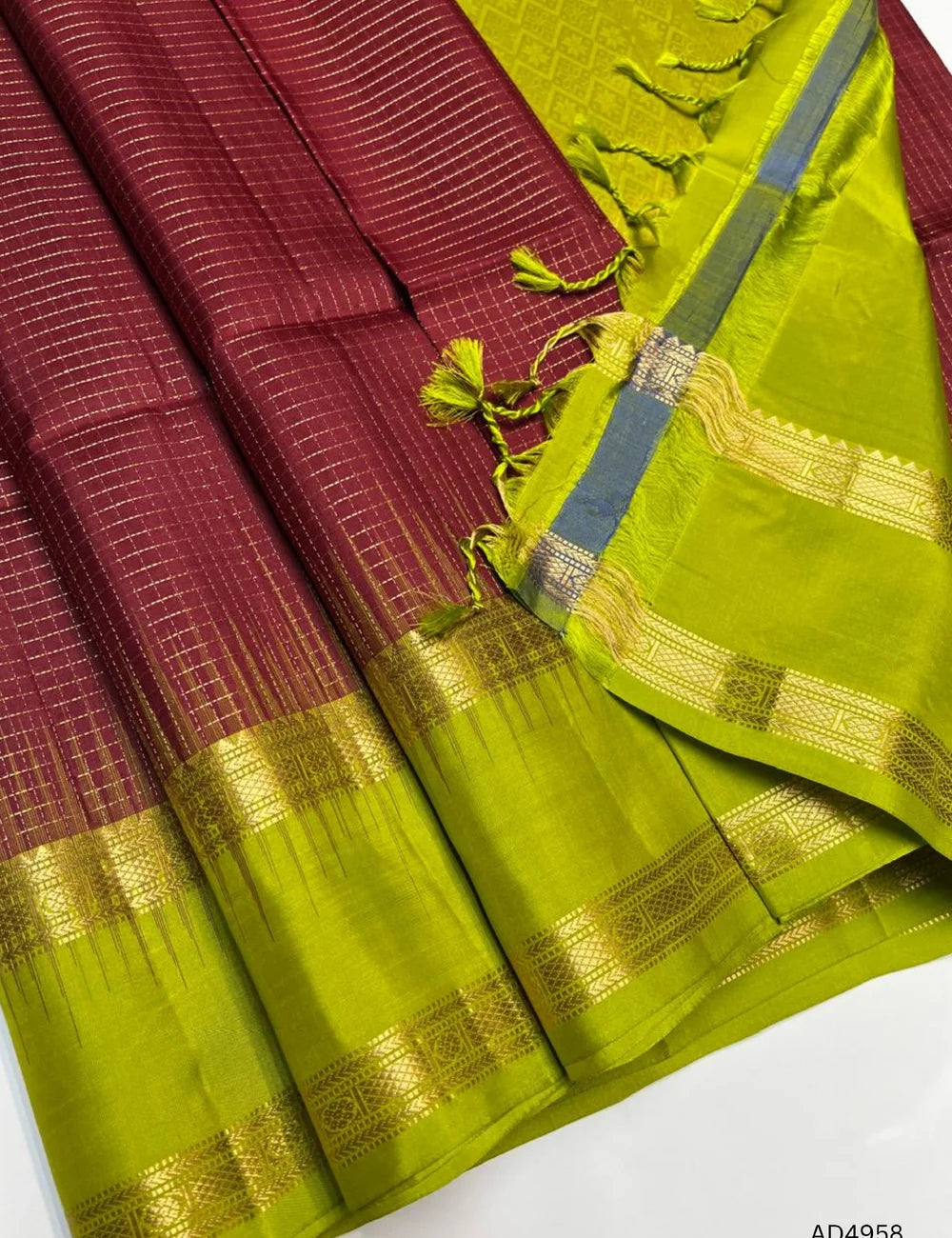 Brick Red & Green - Retta Pet Soft Silk Saree