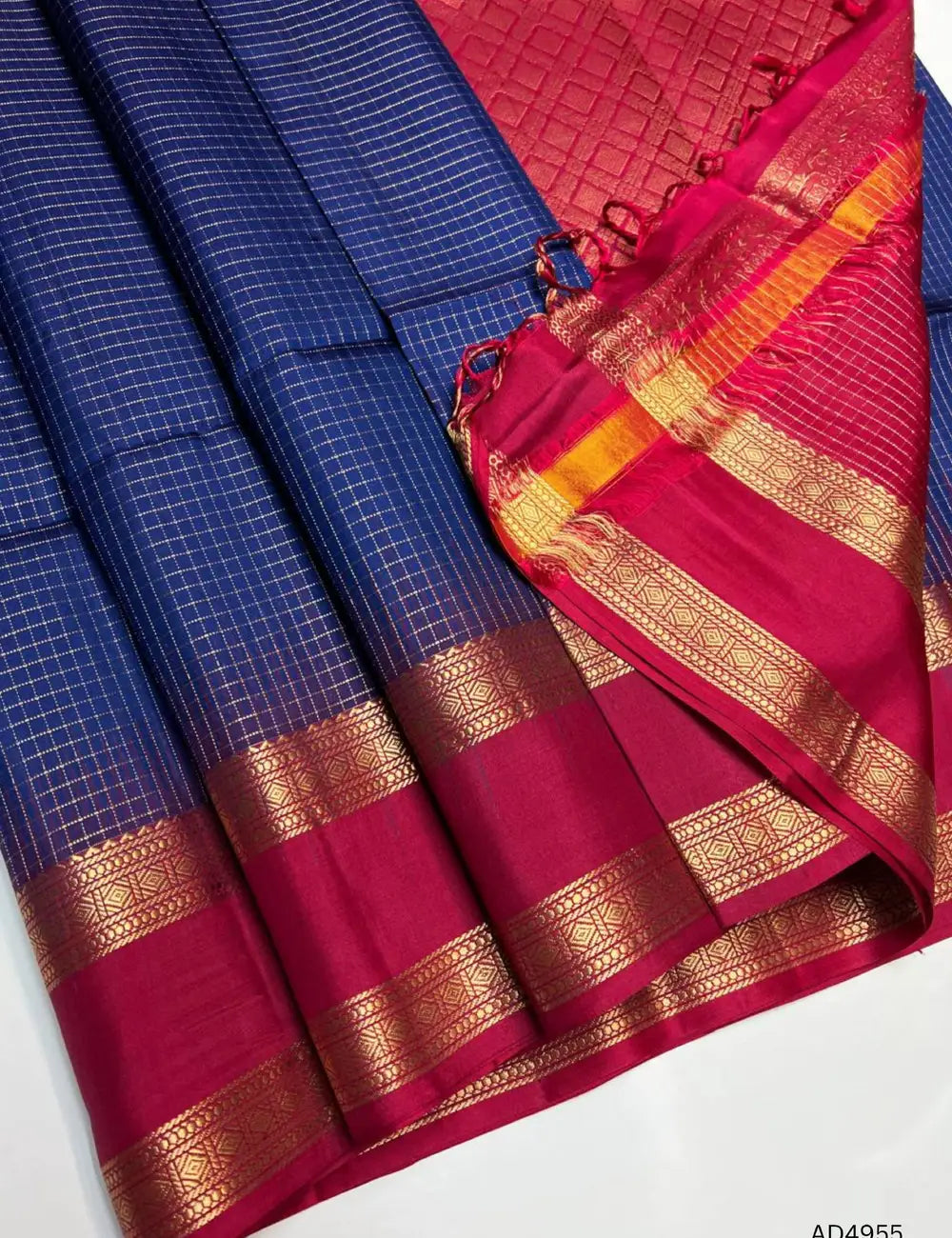 Ink Blue & Red - Retta Pet Soft Silk Saree