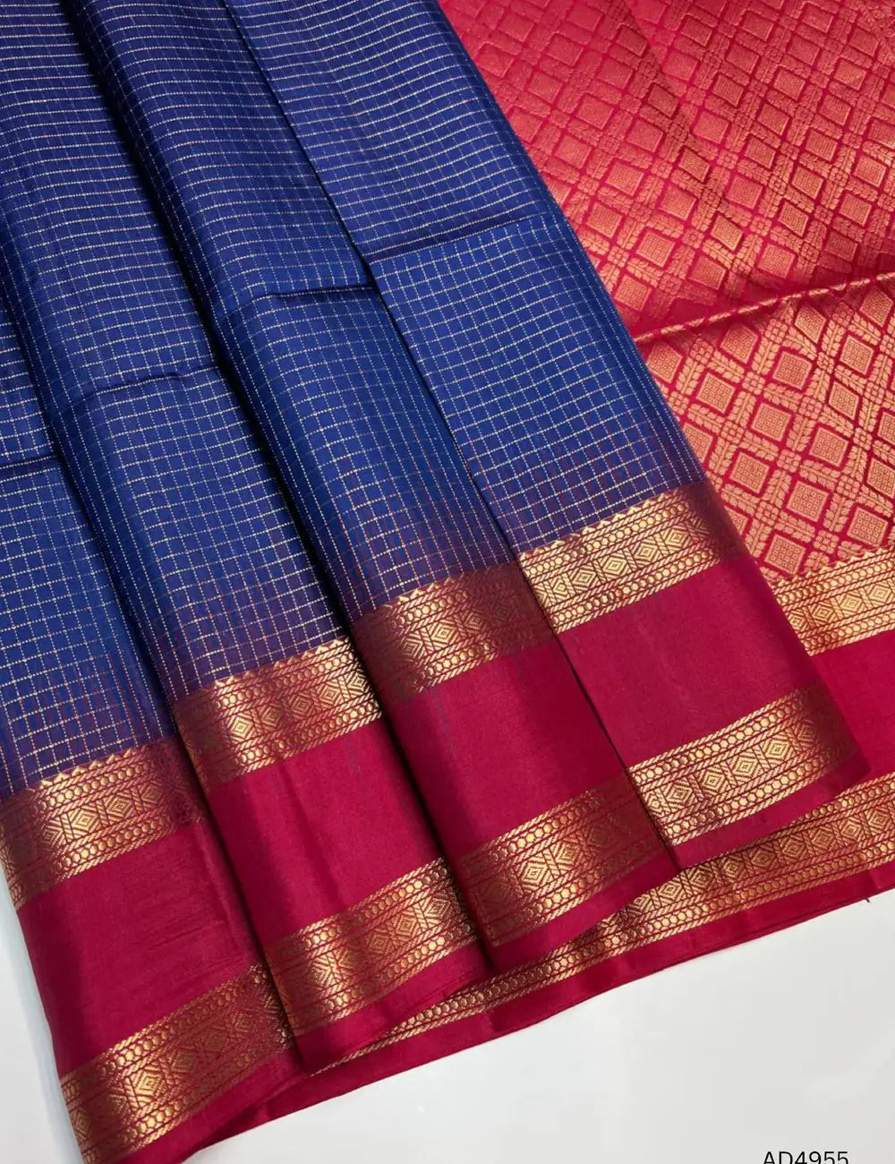 Ink Blue & Red - Retta Pet Soft Silk Saree