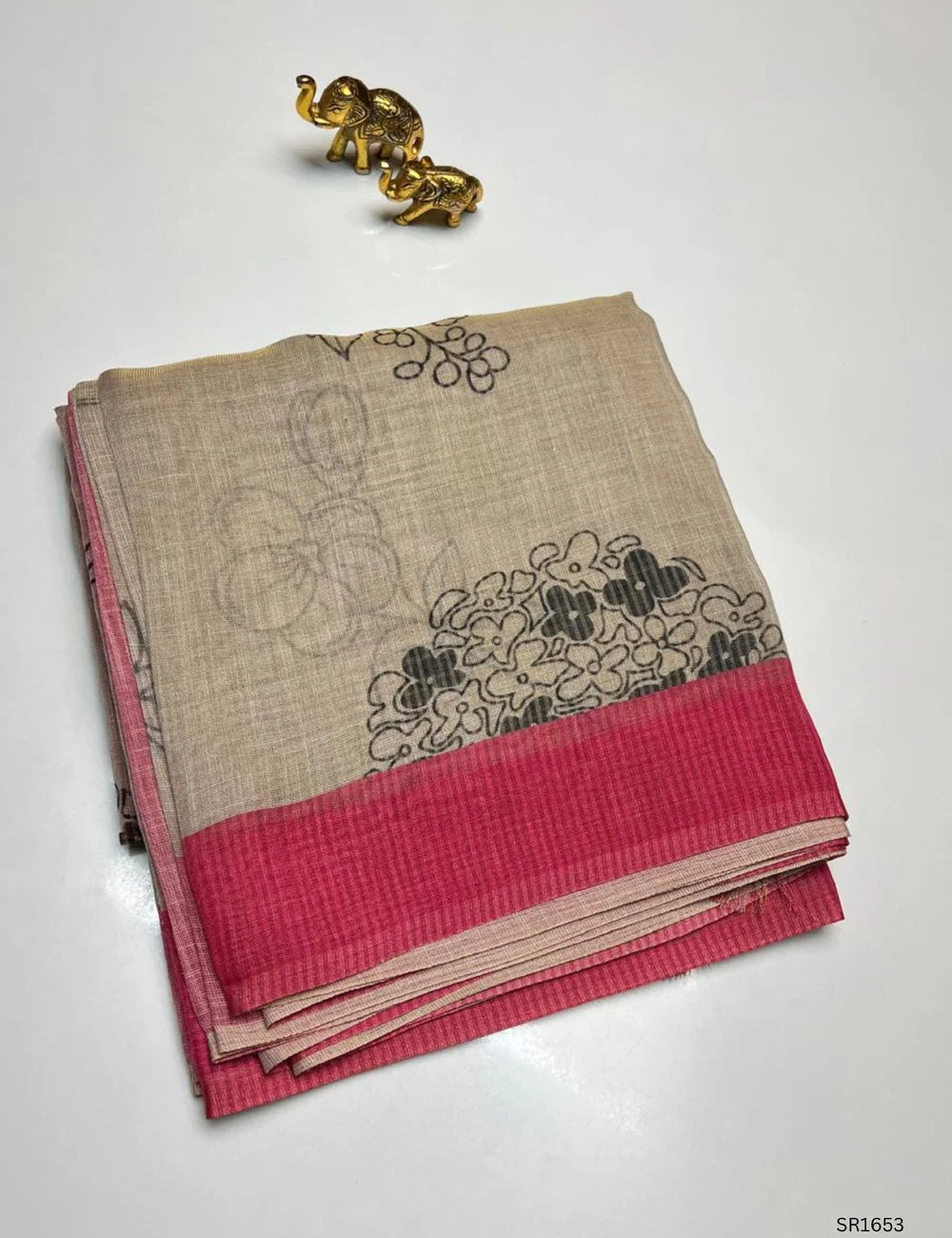 Cream& Pink - Linen  Saree