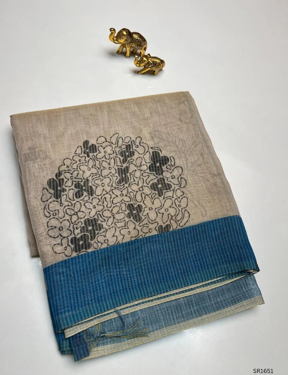 Cream & Blue - Linen  Saree
