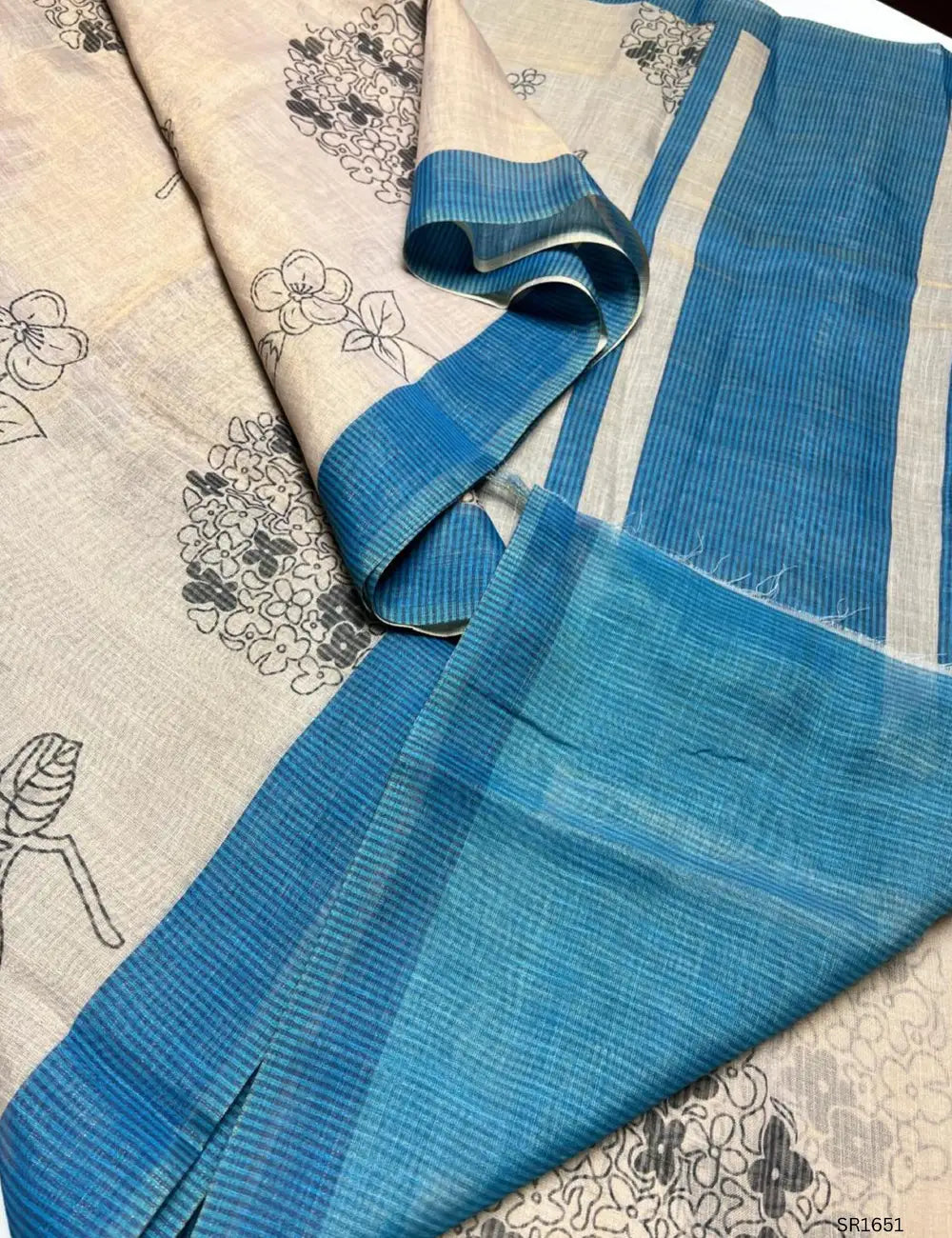 Cream & Blue - Linen  Saree