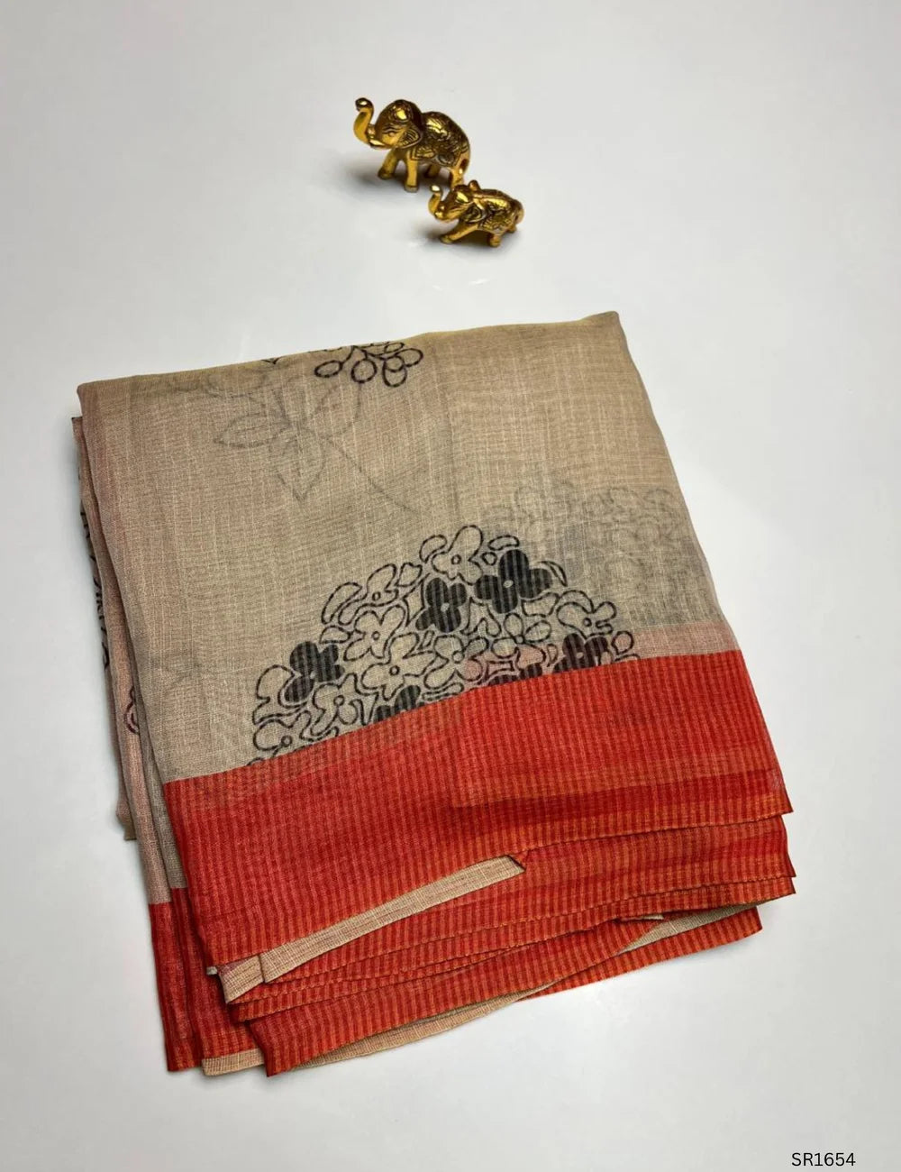 Cream & Orange - Linen  Saree