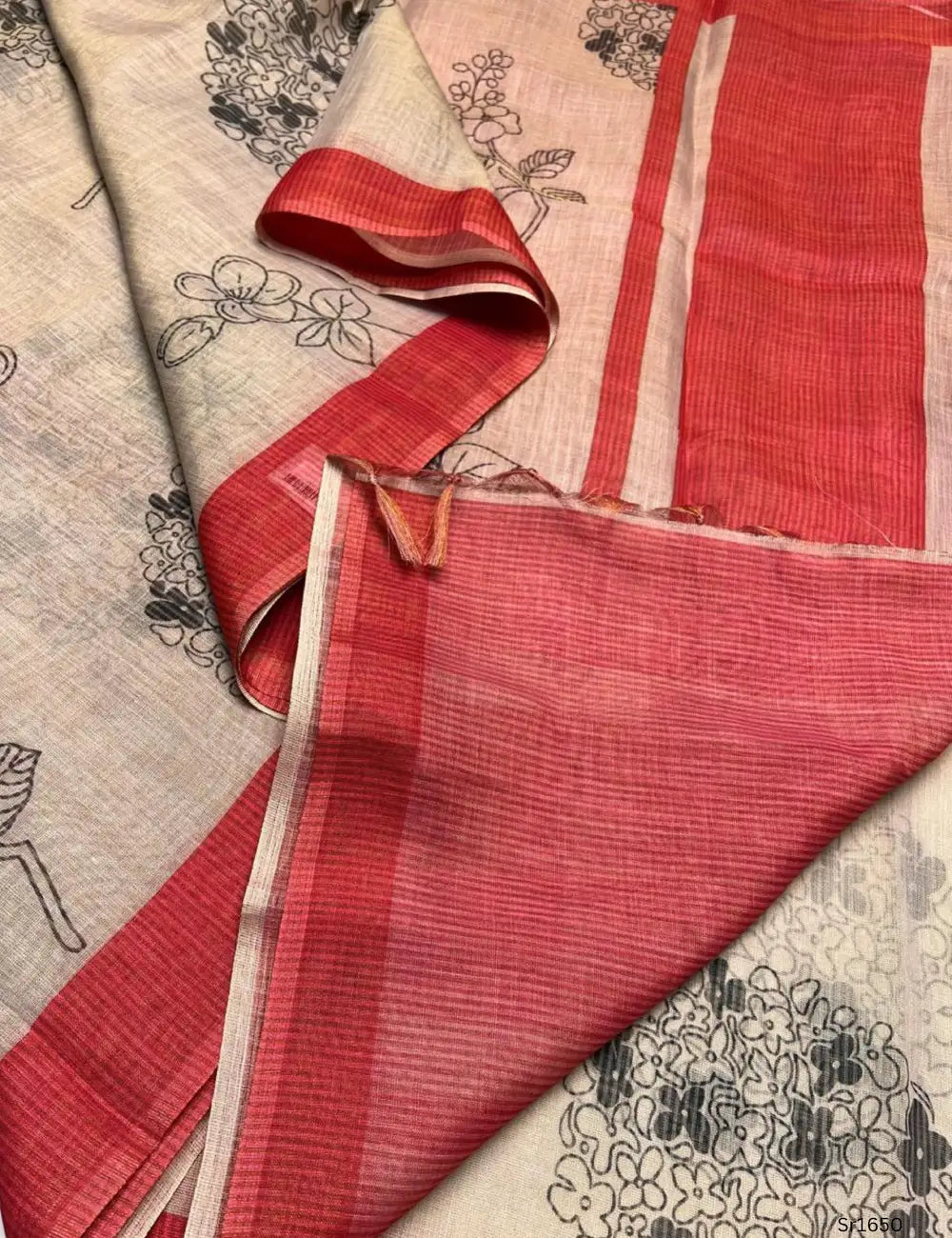 Cream & Red - Linen  Saree