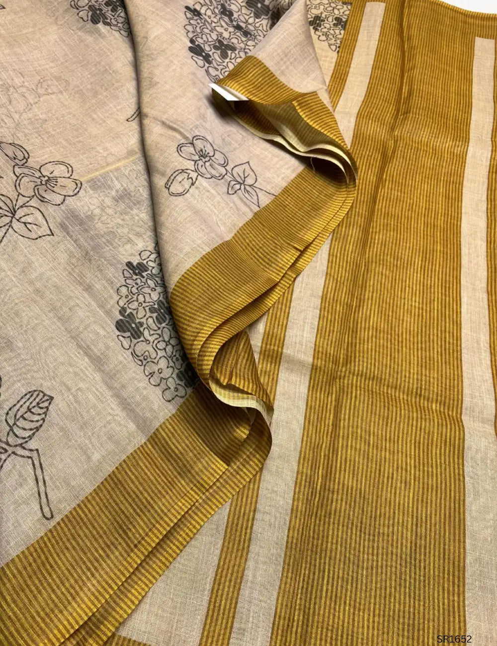 Cream & Golden Yellow - Linen  Saree