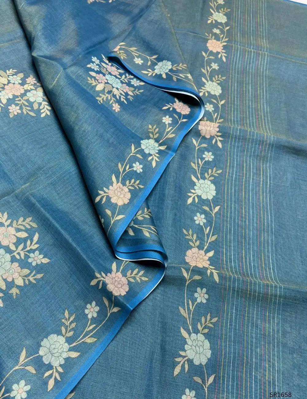 Teal - Tissue Linen  Saree