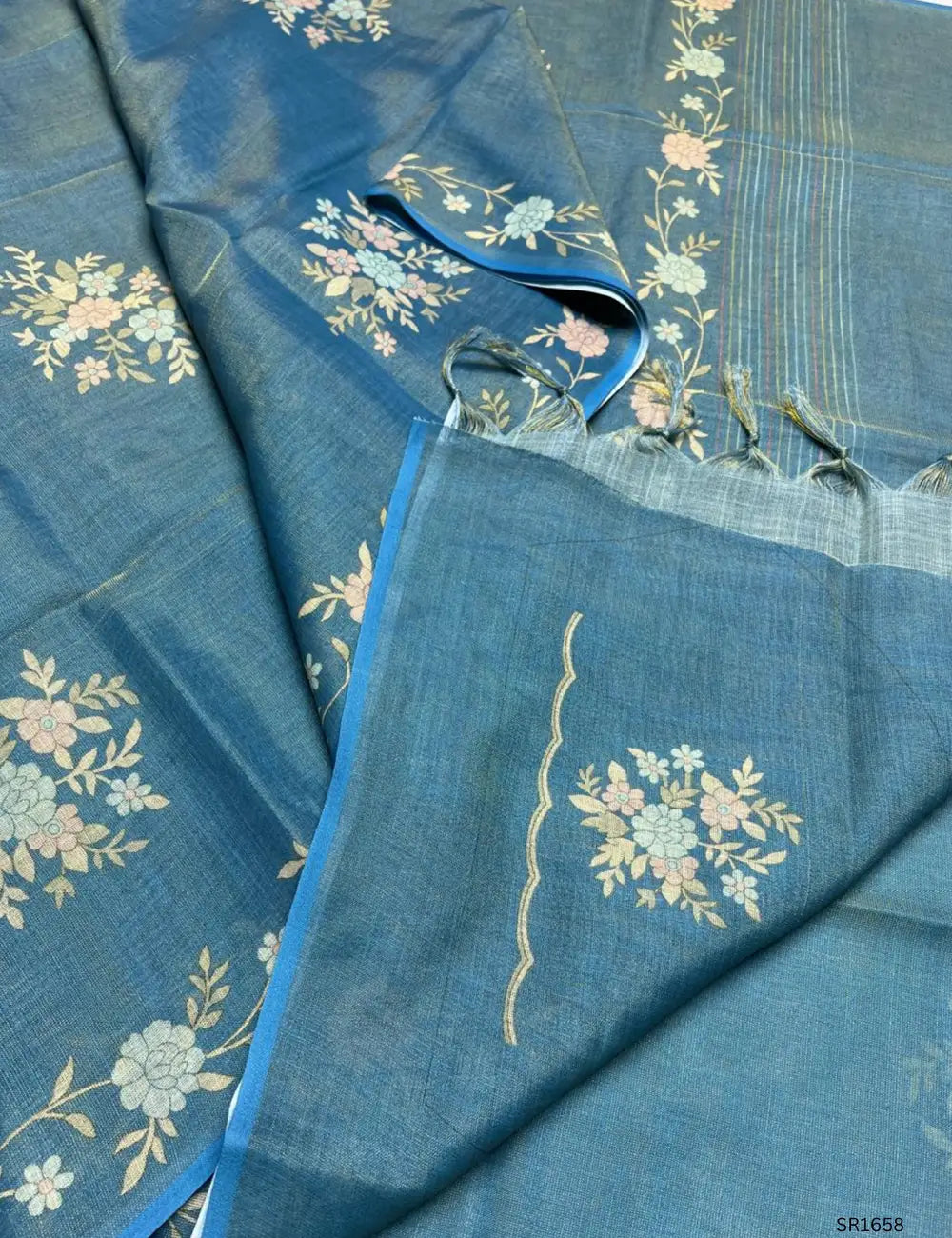 Teal - Tissue Linen  Saree