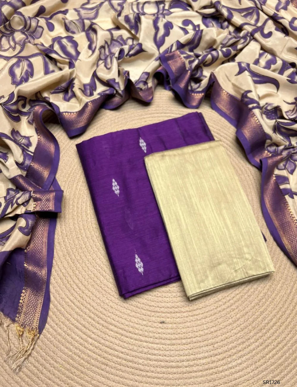 Purple - Raw Silk X Kalamkari Unstiched Suit 3 Pc Set