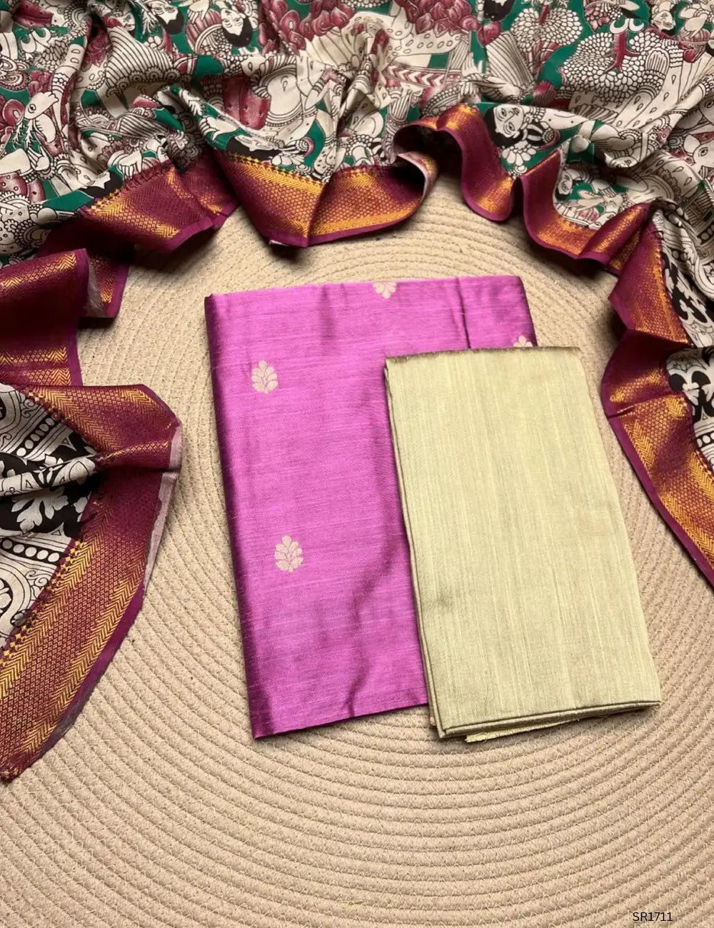 Pink - Raw Silk X Kalamkari Unstiched Suit 3 Pc Set