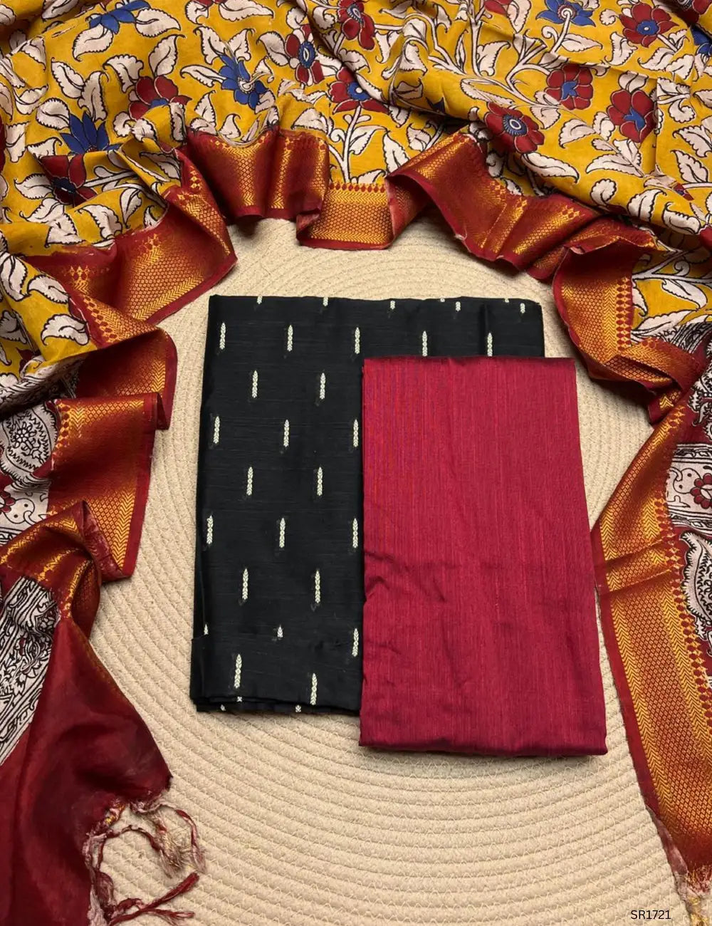 Black - Raw Silk X Kalamkari Unstiched Suit 3 Pc Set