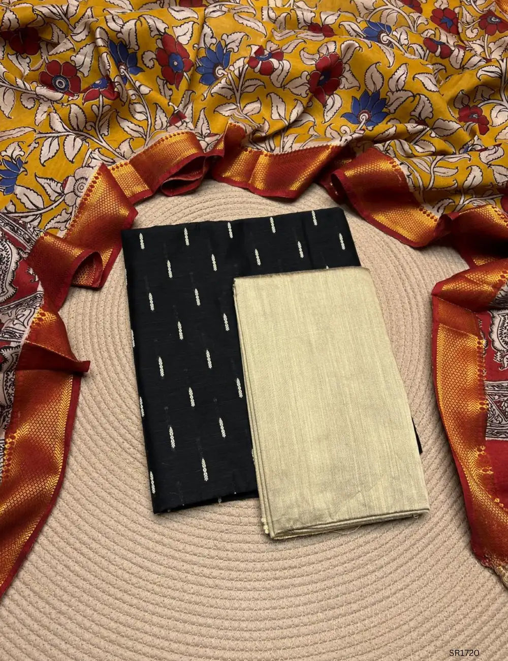 Black - Raw Silk X Kalamkari Unstiched Suit 3 Pc Set