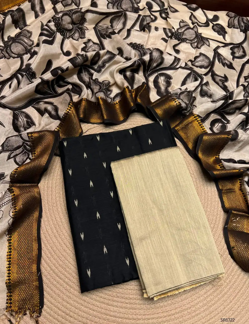 Black- Raw Silk X Kalamkari Unstiched Suit 3 Pc Set