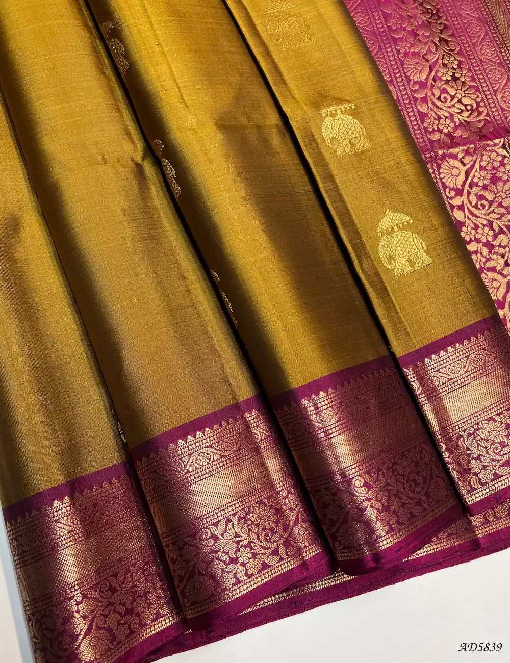 Golden Brown & Rani Pink - Kanchi Border Soft Silk Saree Front View