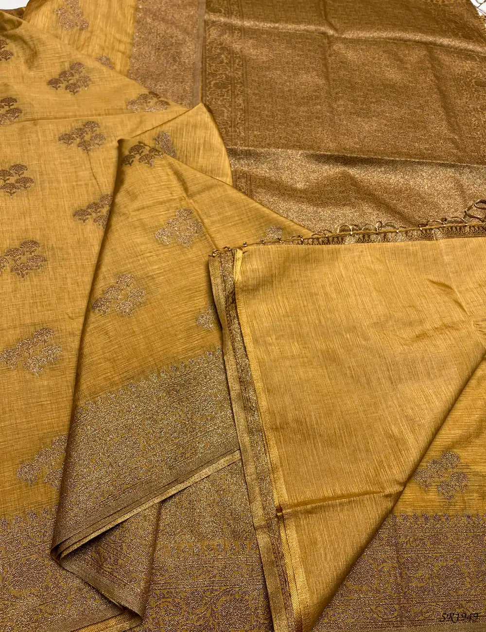 Golden - Semi Raw Silk Saree -