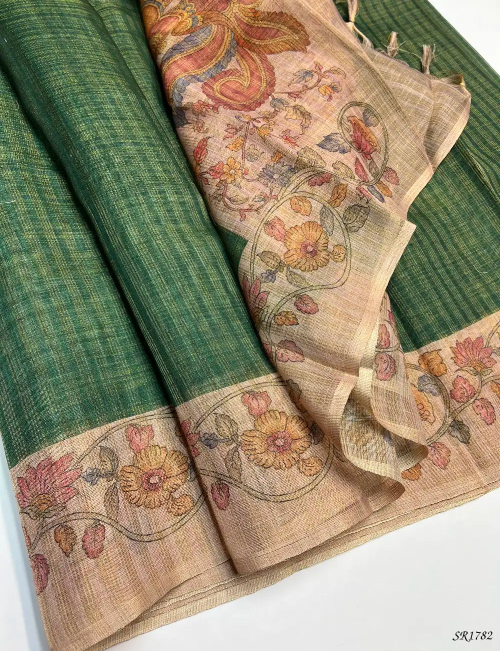 Green & Cream - Tissue Saree Pallu View