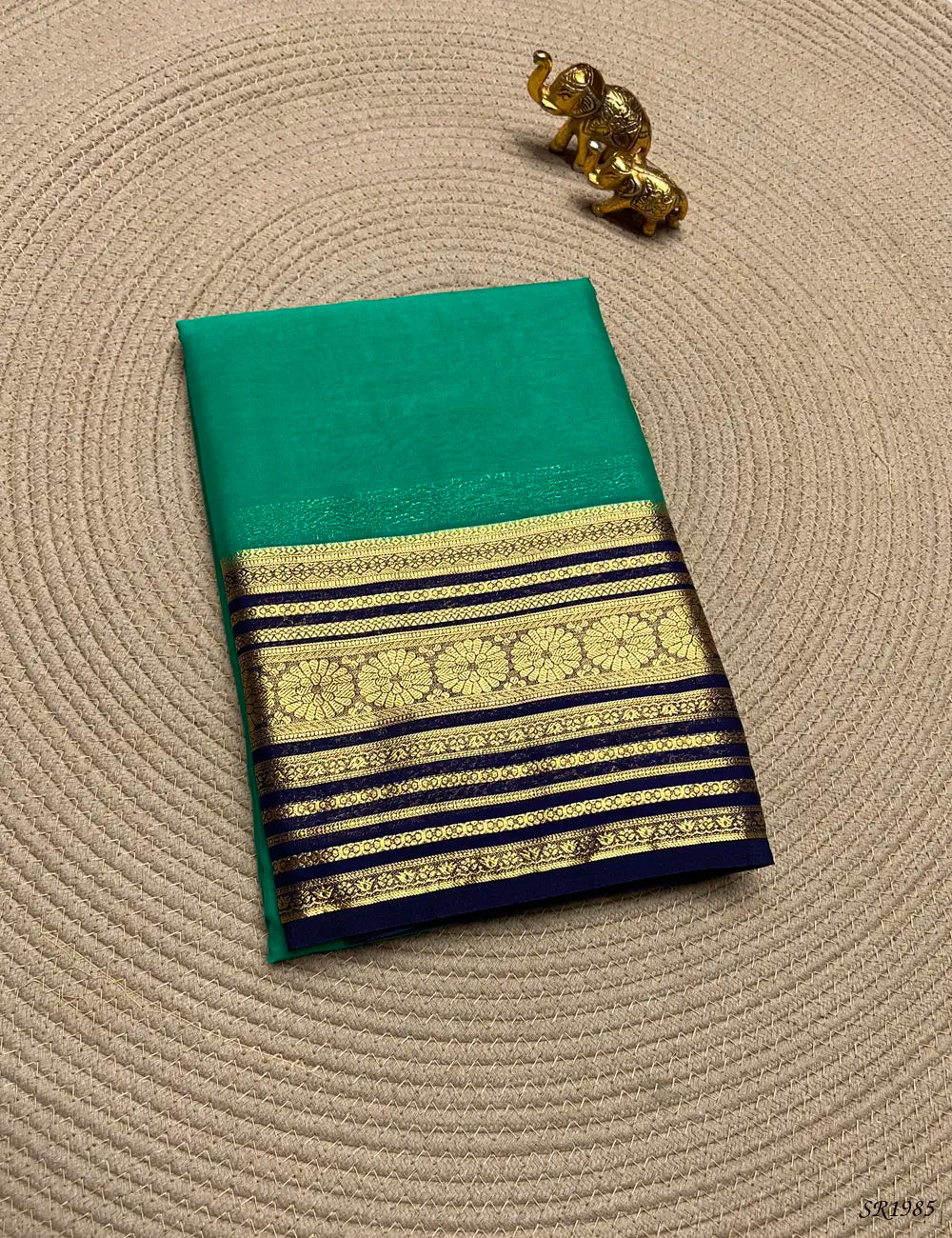 Green & Ink Blue - Mysore Crepe Saree Front View