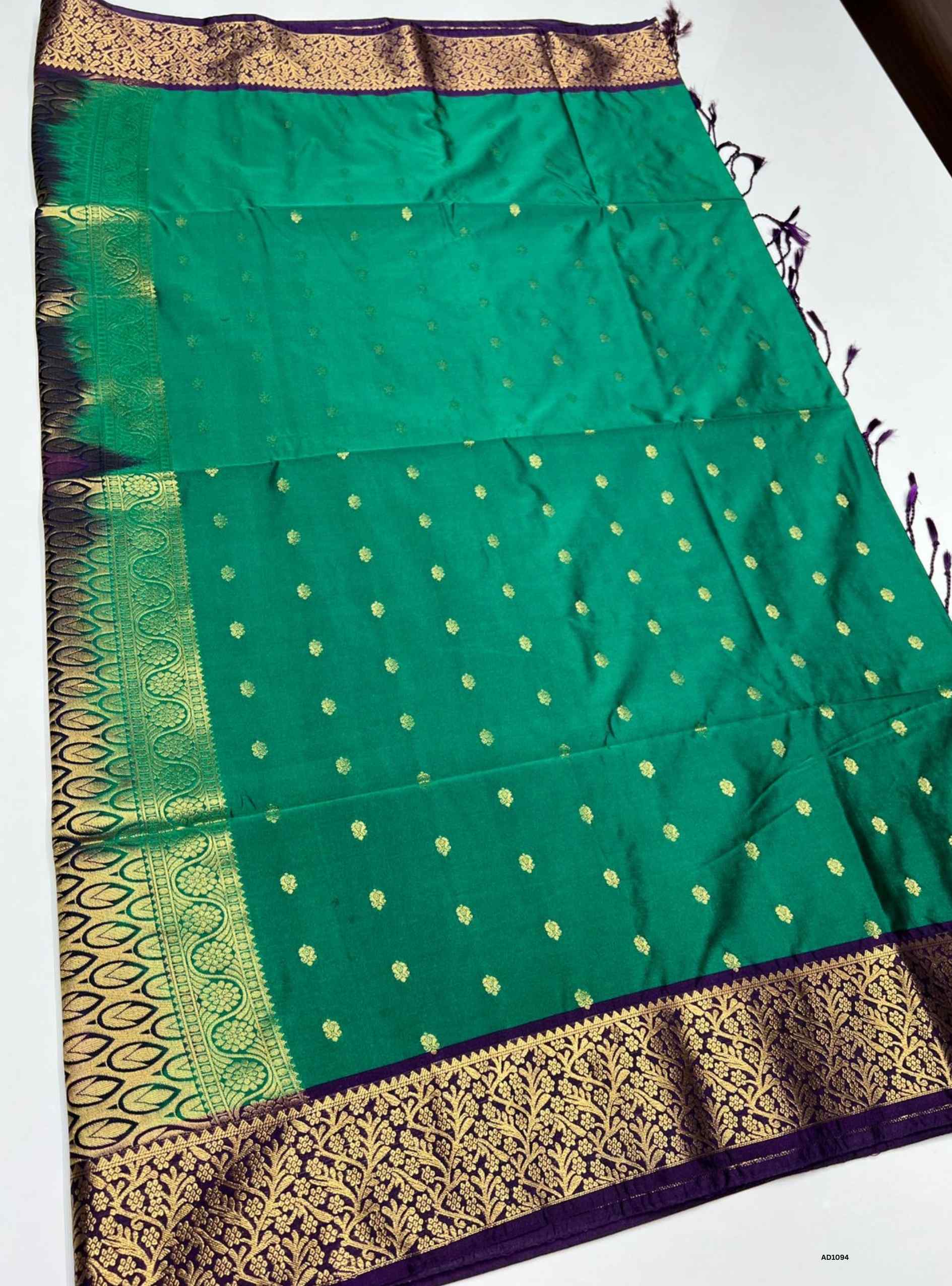 Green and Jammun Semi Silk Saree with delicate gold buttas and rich Jammun border, 5.5m length plus blouse.