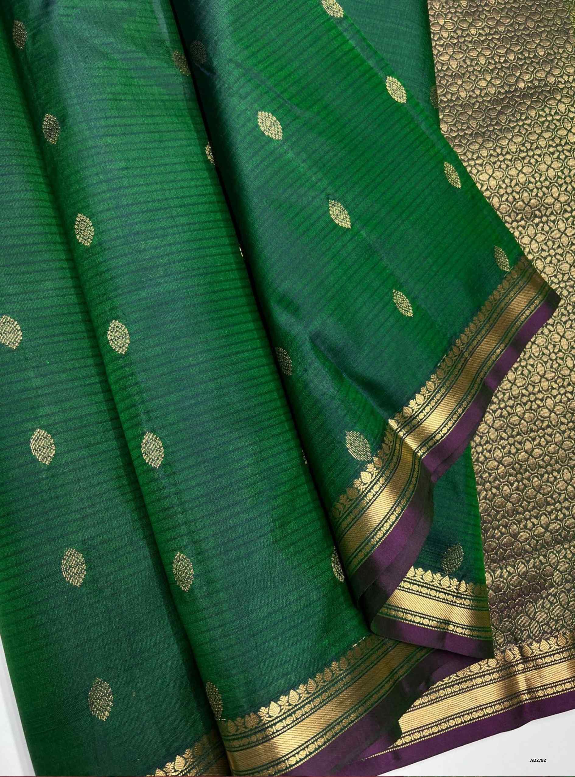 Green and Jammun Small Jacquard Border Soft Silk Saree with gold zari motifs.