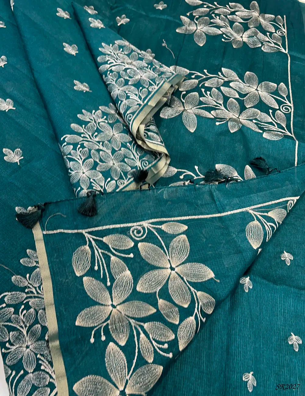Green - Kota With Embroidery Saree -