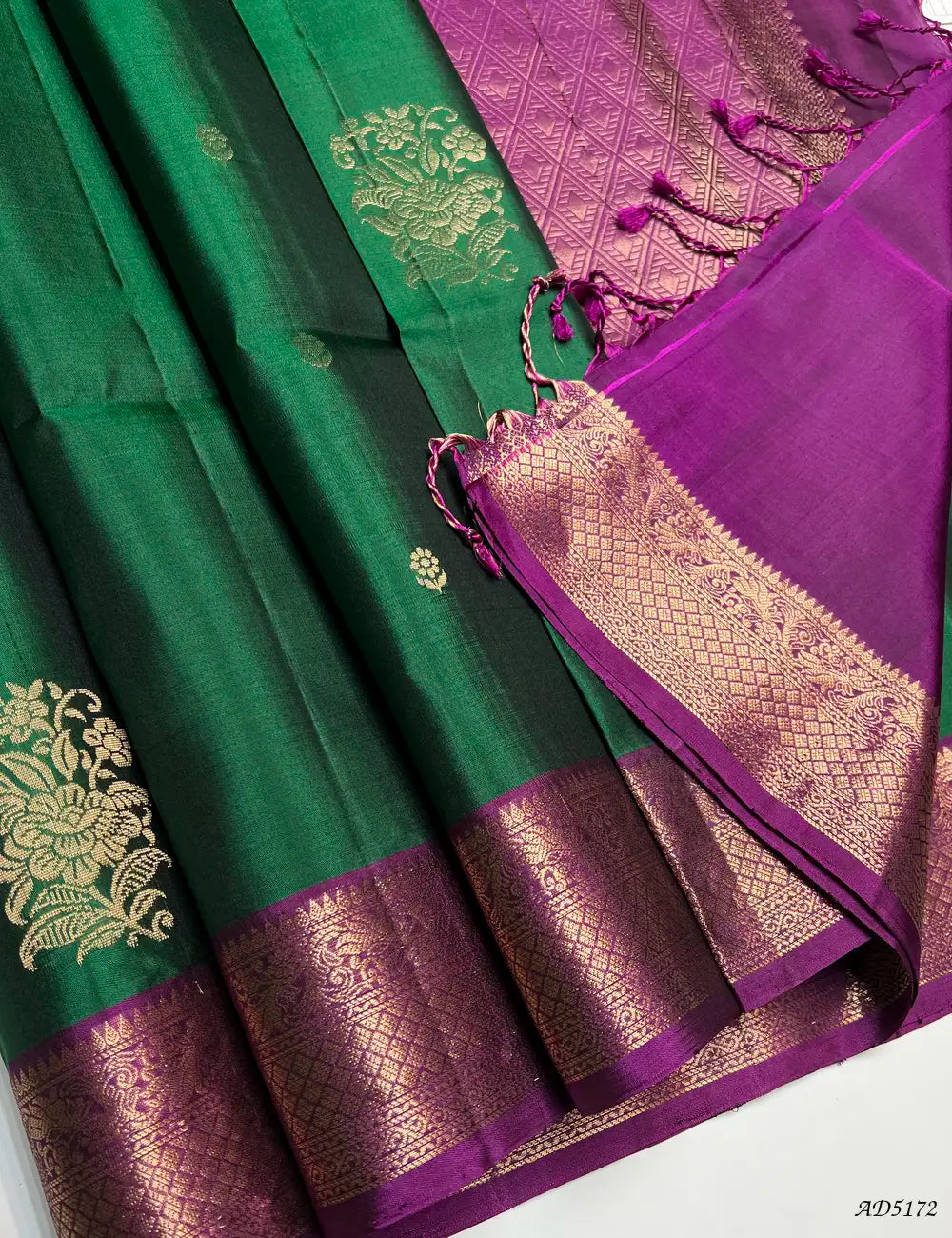 Green & Magenta - Kanchi Border Soft Silk Saree Pallu View