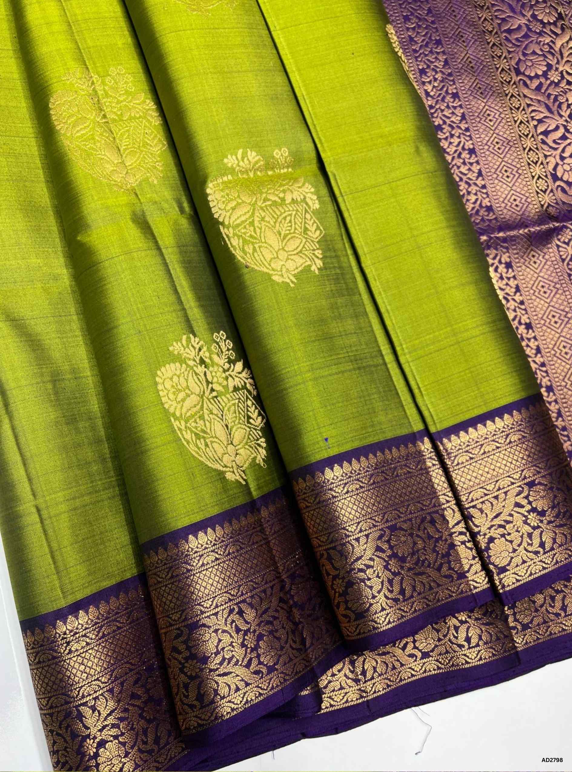 Soft Silk Saree in Green body with Purple pallu, Jacquard border design, Half Fine Gold Zari, Ikat handwoven motifs, 6.25m length including blouse.