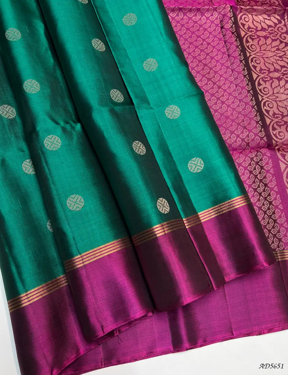 Green & Rani Pink - Soft Silk Saree Front View