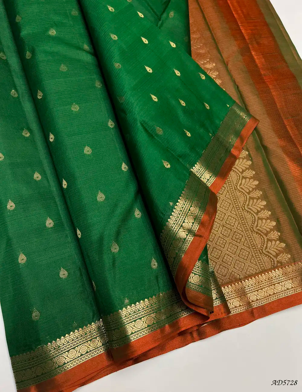 Green & Rust - Kanchi Border Soft Silk Saree Front View