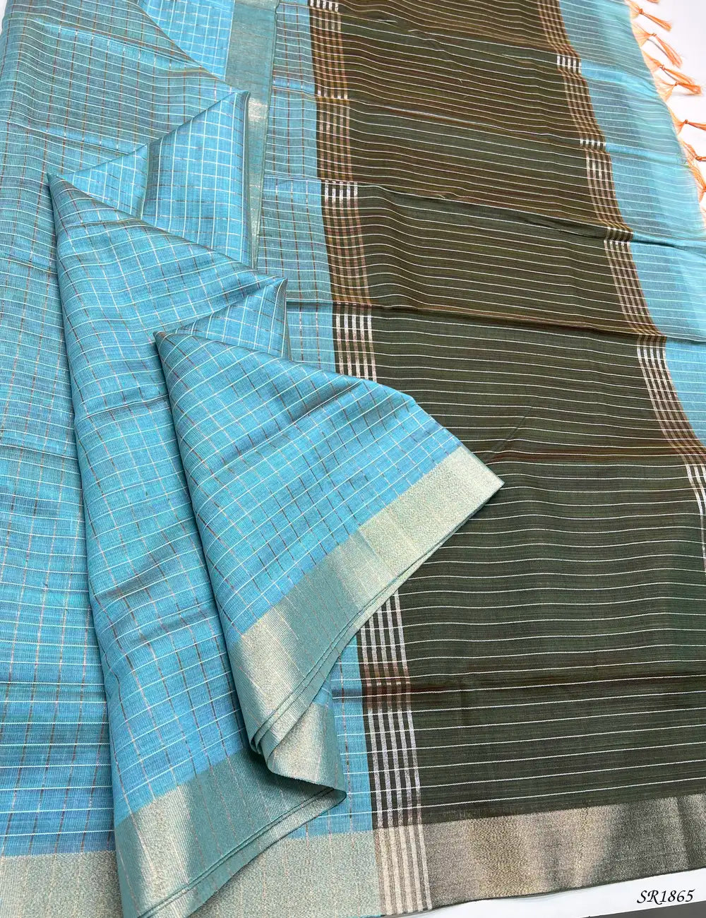 Green Thumb & Dark Gray - Fancy Semi Tussar Saree Front View