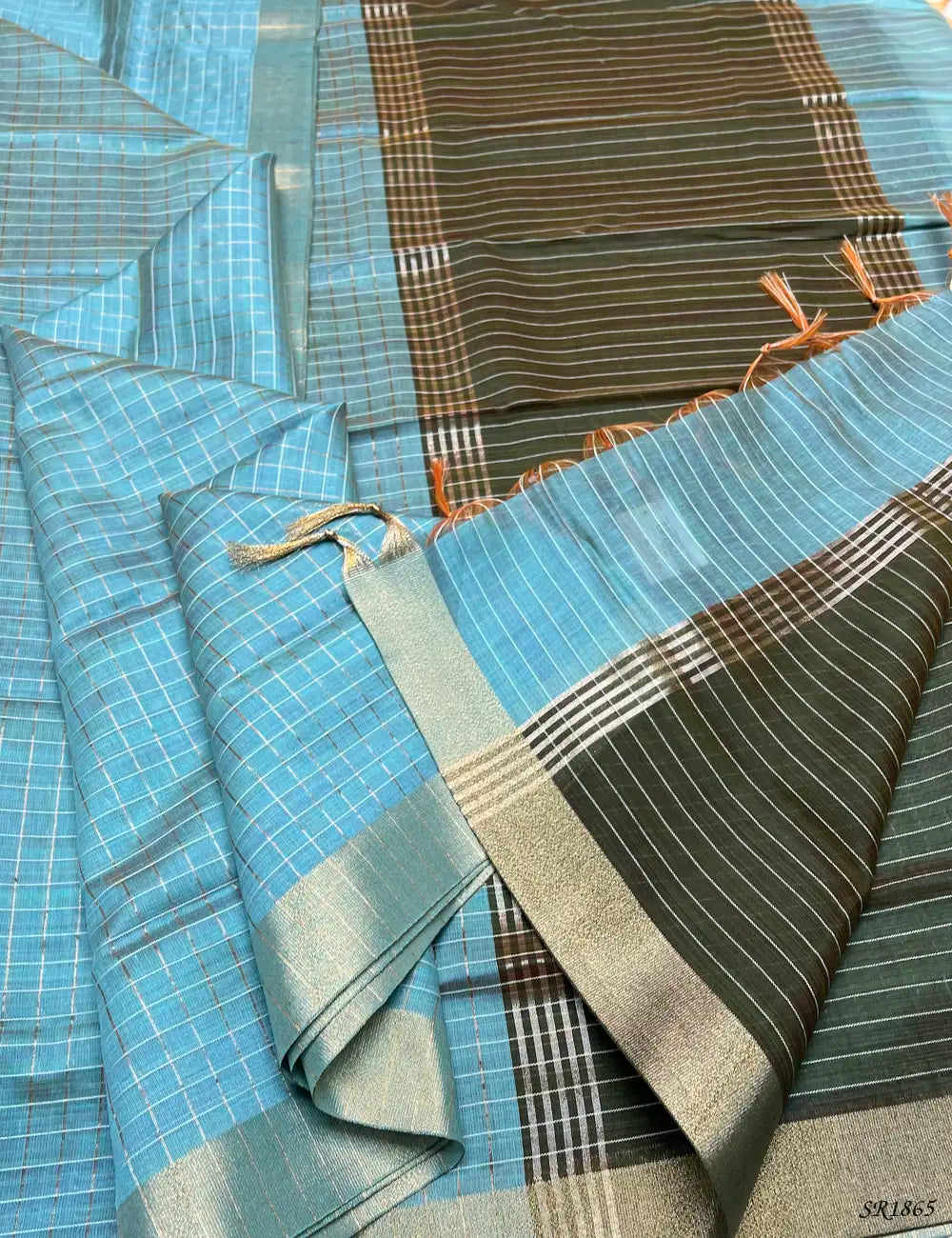 Green Thumb & Dark Gray - Fancy Semi Tussar Saree Pallu View