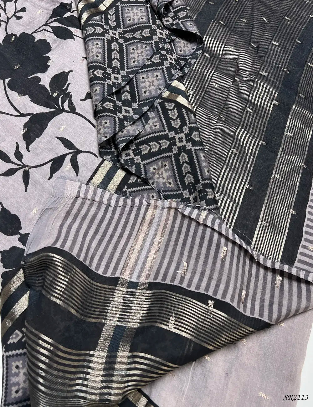 Grey & Black - Assam Silk Saree -