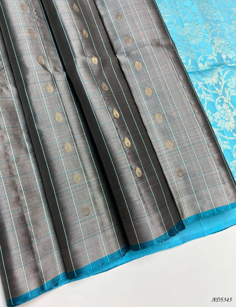 Grey & Ice Blue -  Checkered Soft Silk Saree Front View