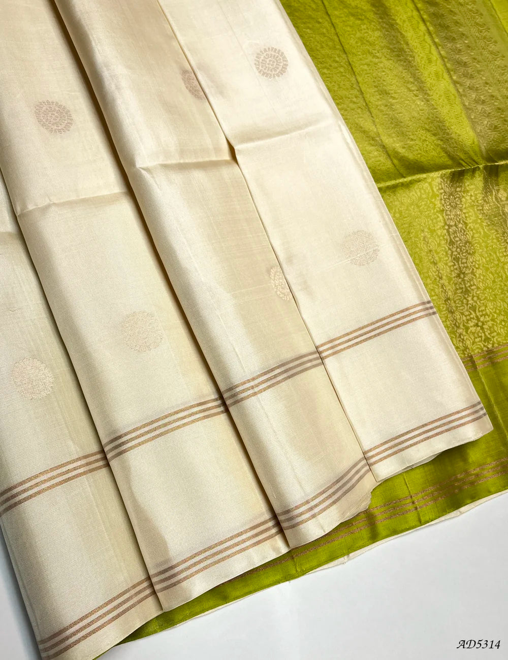 Half White & Parrot Green - Soft Silk Saree Front View
