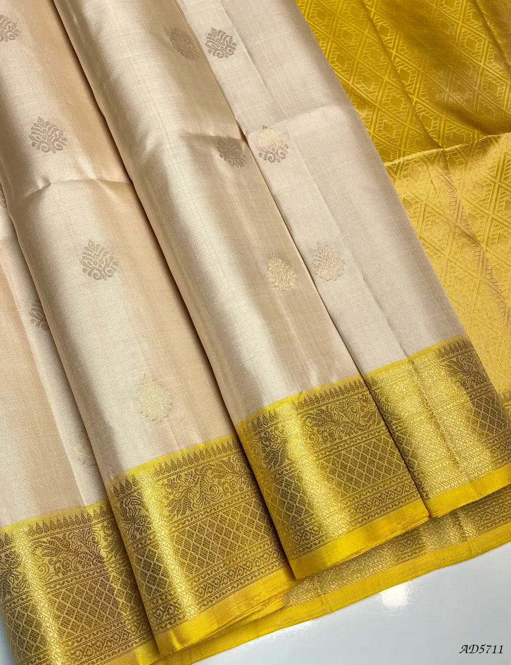 Half White & Yellow - Kanchi Border Soft Silk Saree Front View