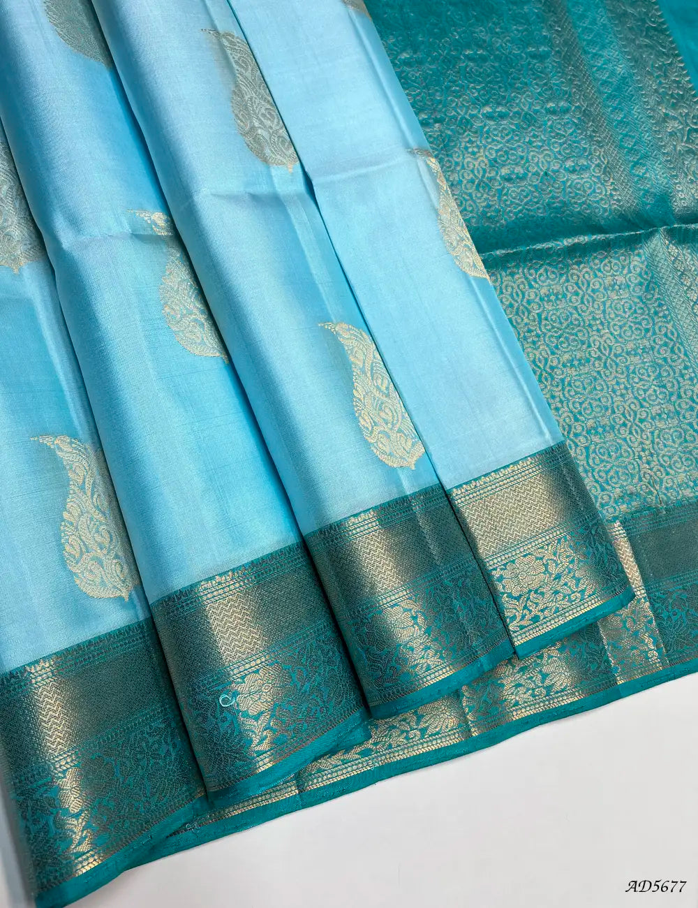 Ice Blue - Kanchi Border Soft Silk Saree Front View