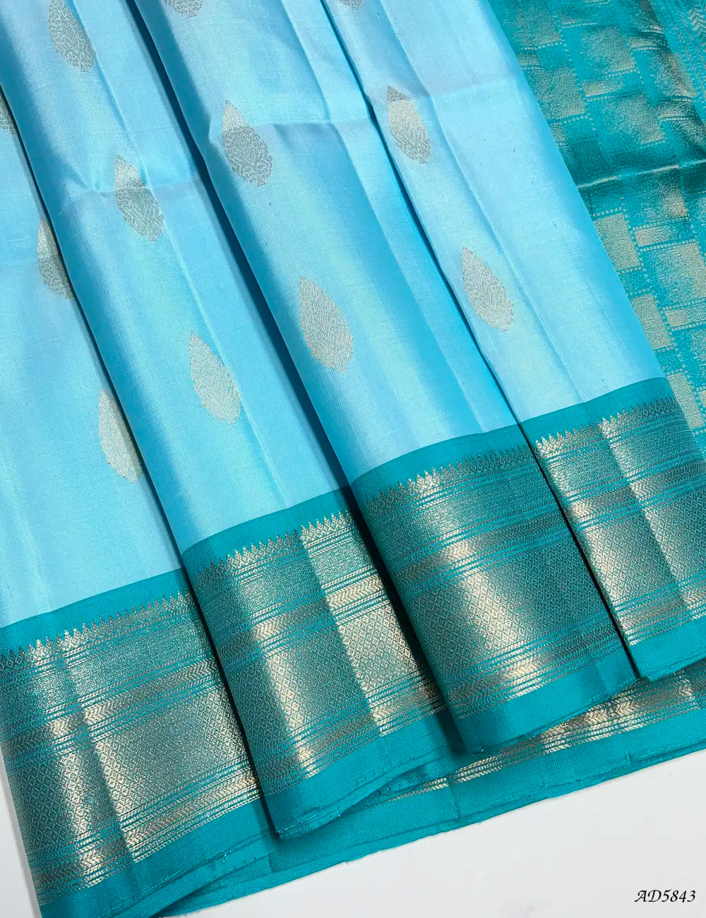 Ice Blue & Rama Blue - Kanchi Border Soft Silk Saree Front View