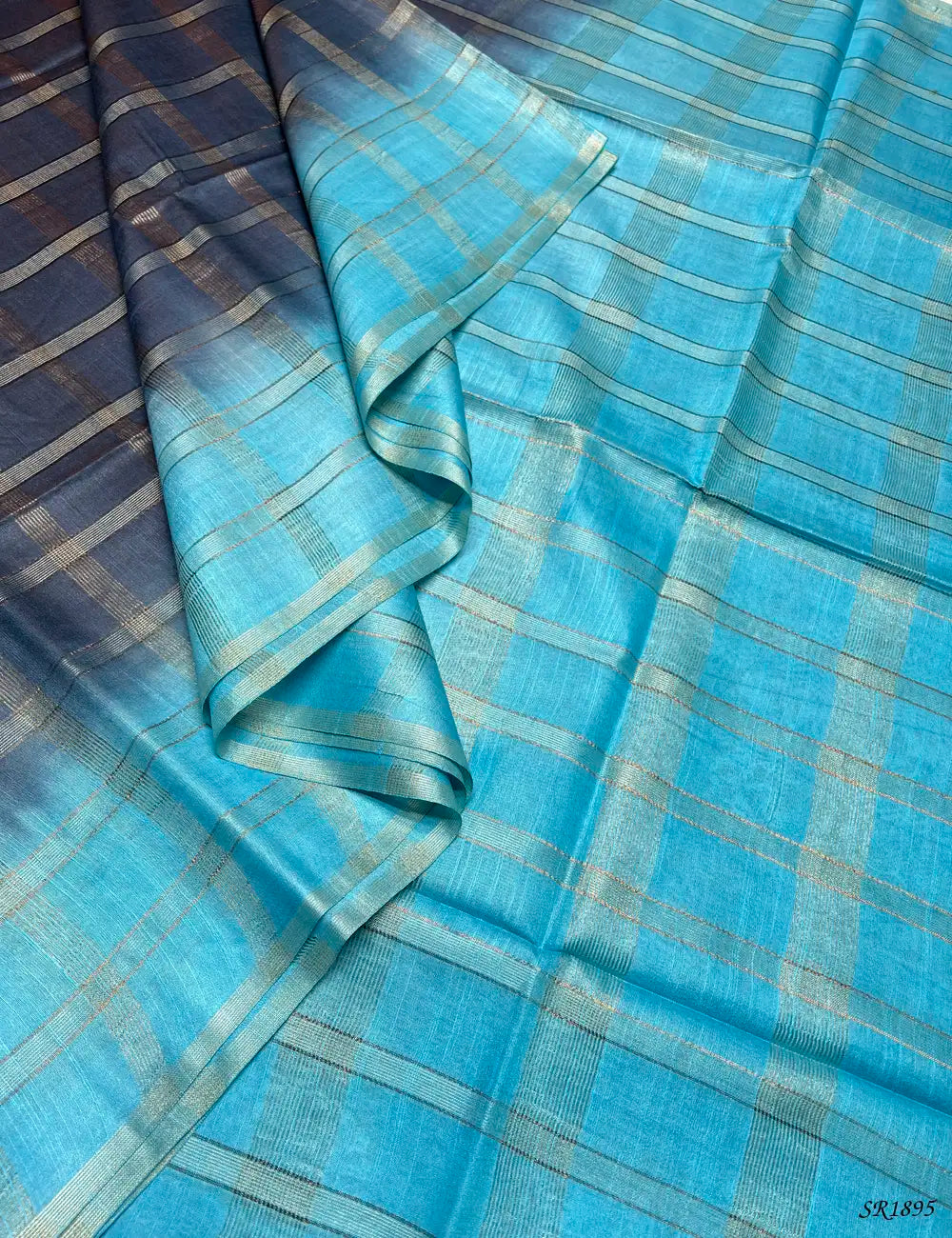 Ice Blue & Teal - Semi Tussar Saree Front View