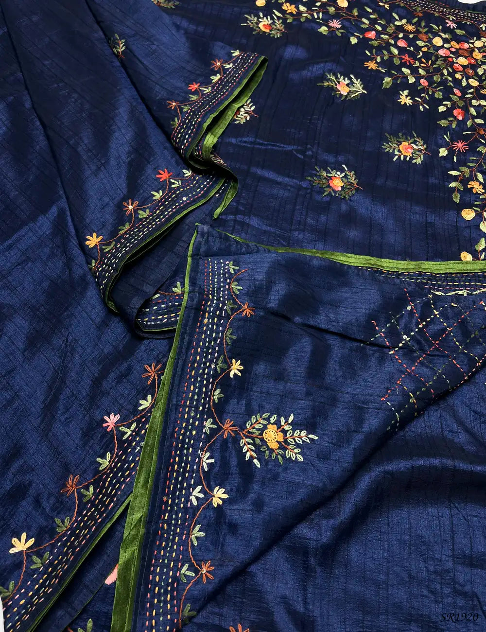 Ink Blue - Fancy Kantha Stitch Saree -