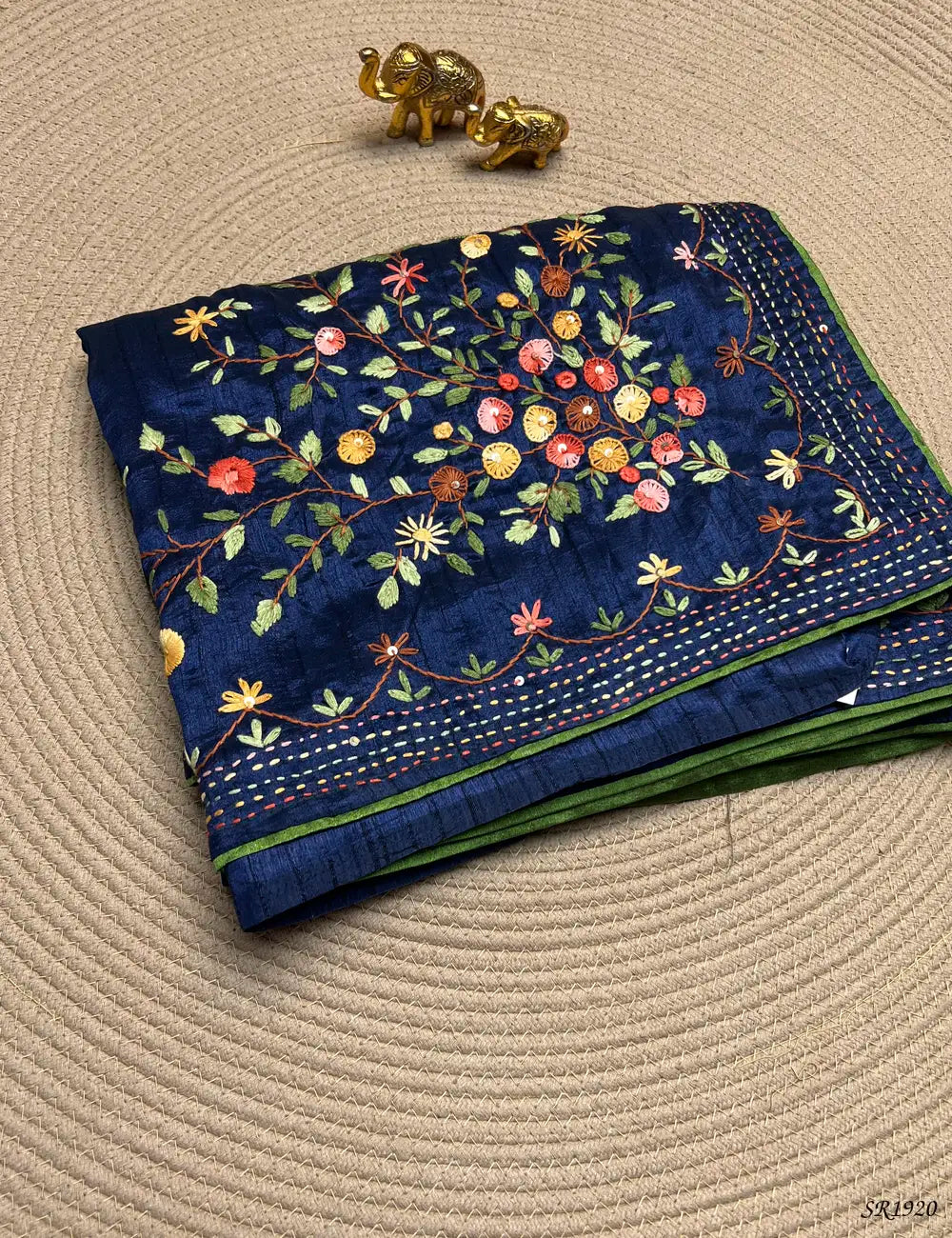 Ink Blue - Fancy Kantha Stitch Saree Front View