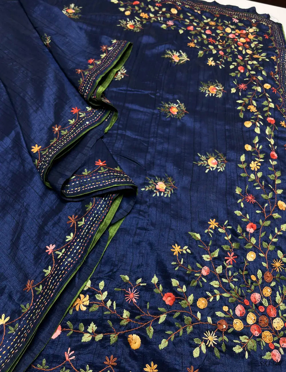 Ink Blue - Fancy Kantha Stitch Saree Pallu View
