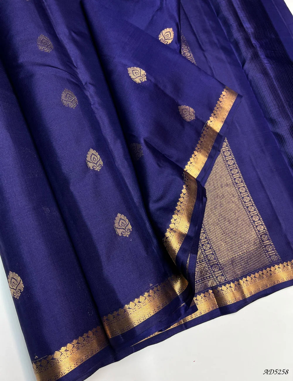 Ink Blue - Kanchi Border Soft Silk Saree Front View