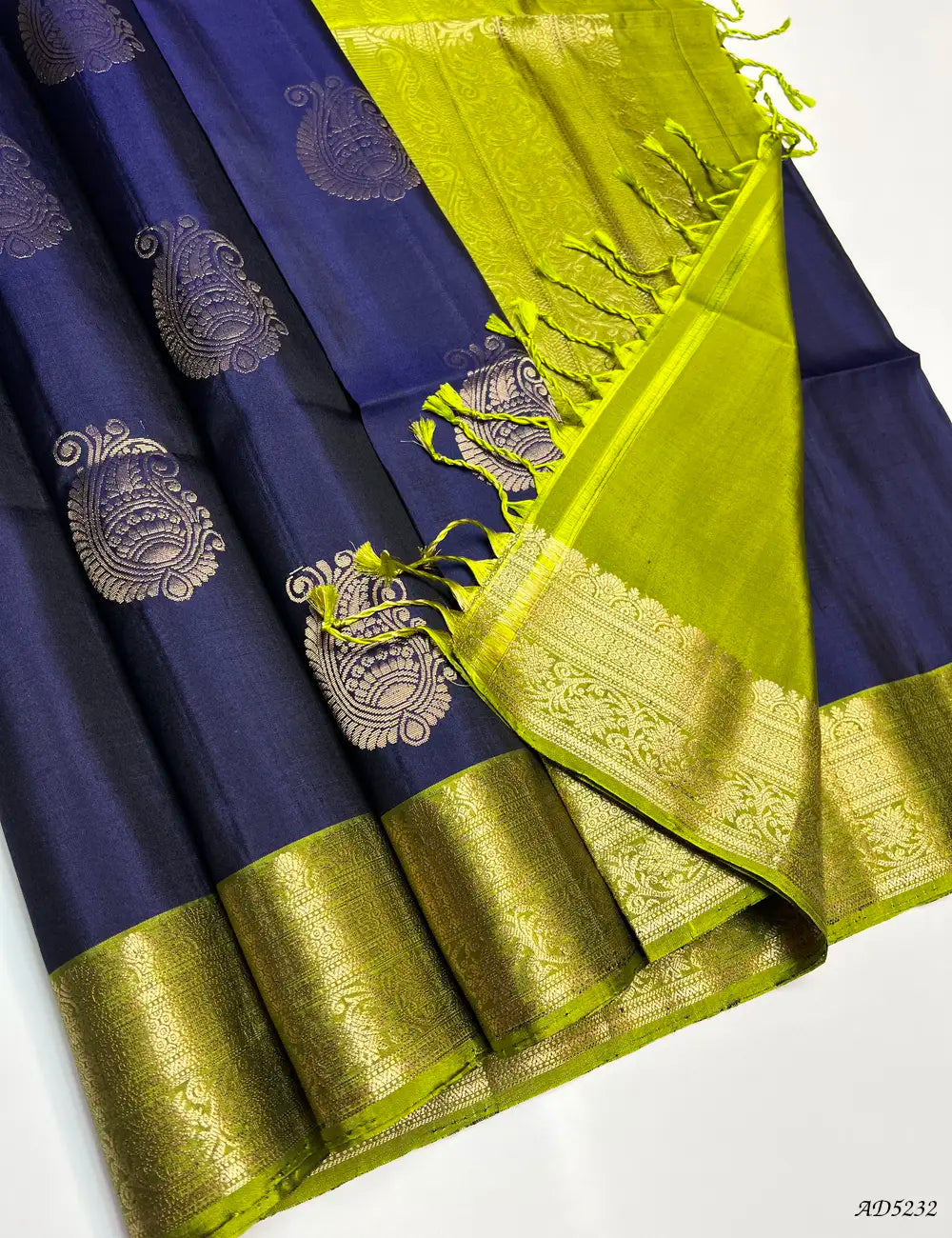 Ink Blue & Parrot Green - Kanchi Border Soft Silk Saree Front View